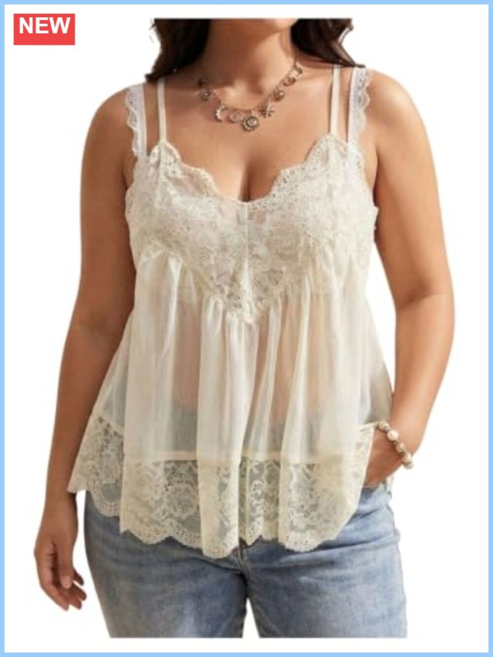 Plus Size Lace Babydoll Cami V Neck Spaghetti Strap Sheer Flowy Summer Top